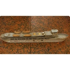 Vintage Handmade Wooden Ship Model "SHIPPEWA" – Folk Art Transport Boat 16" Long